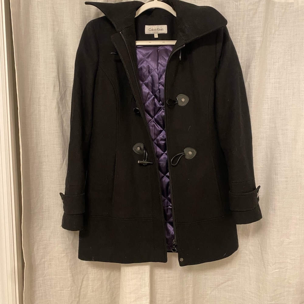 Calvin Klein Women's Black Pea Coat with Purple Lining